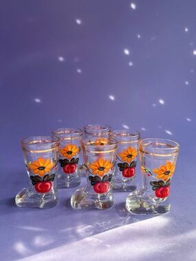 Set Of Mod Dep Glass Boot Shot Glasses Flower Decor Italy Set of 6